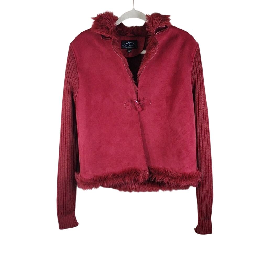 MONTANACO Bold Red Wool Suede Faux Fur Fluffy Winter Country Button Jacket